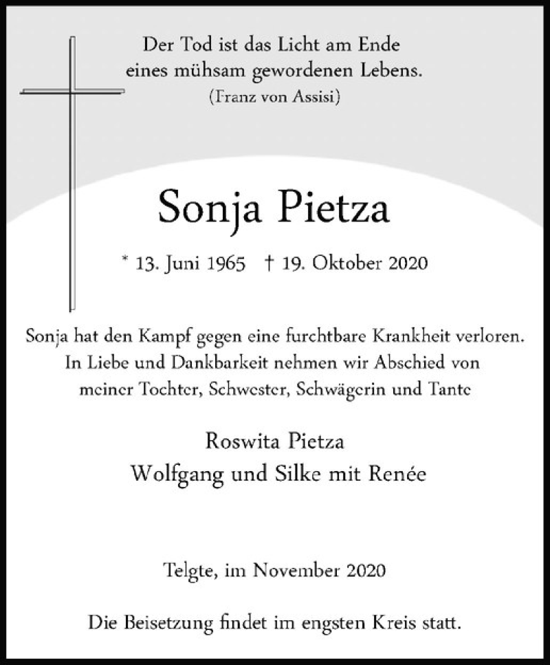  Traueranzeige für Sonja Pietza vom 04.11.2020 aus Westfälische Nachrichten