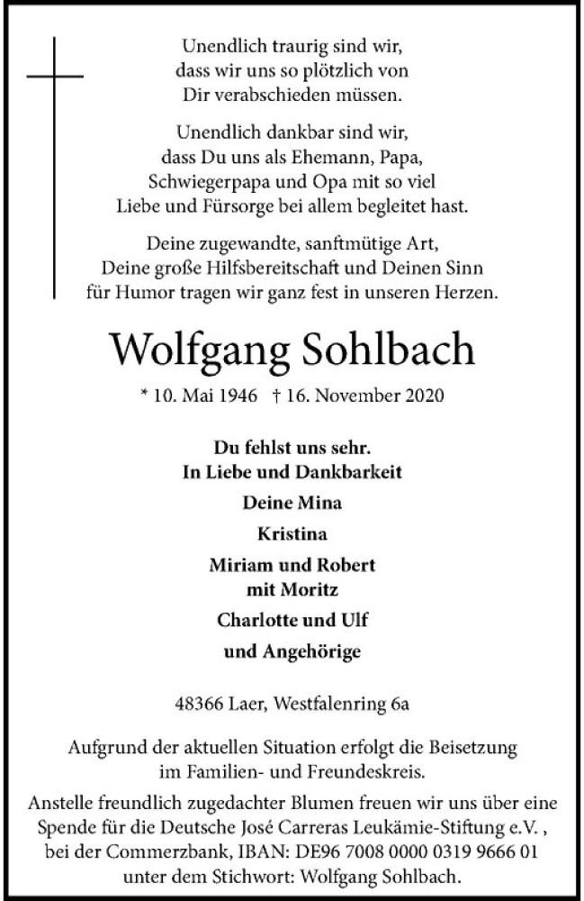  Traueranzeige für Wolfgang Sohlbach vom 21.11.2020 aus Westfälische Nachrichten