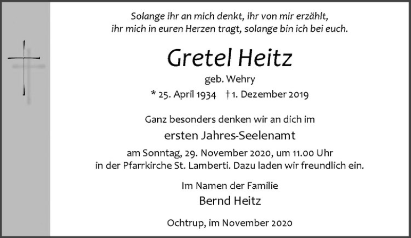  Traueranzeige für Gretel Heitz vom 25.11.2020 aus Westfälische Nachrichten
