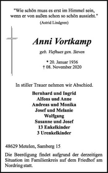 Anzeige von Anni Vortkamp von Westfälische Nachrichten