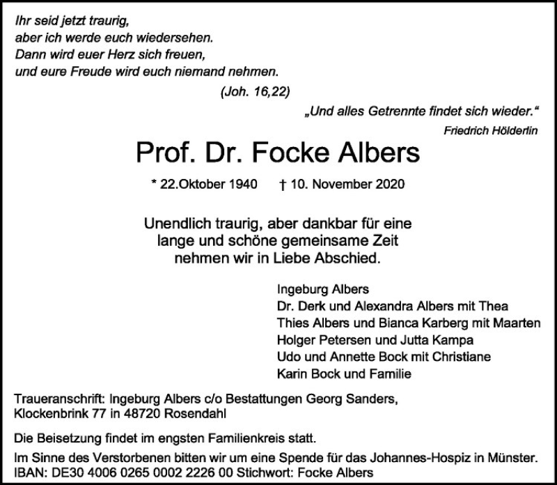  Traueranzeige für Focke Albers vom 21.11.2020 aus Westfälische Nachrichten