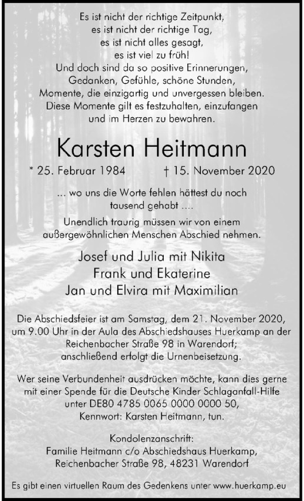  Traueranzeige für Karsten Heitmann vom 19.11.2020 aus Westfälische Nachrichten