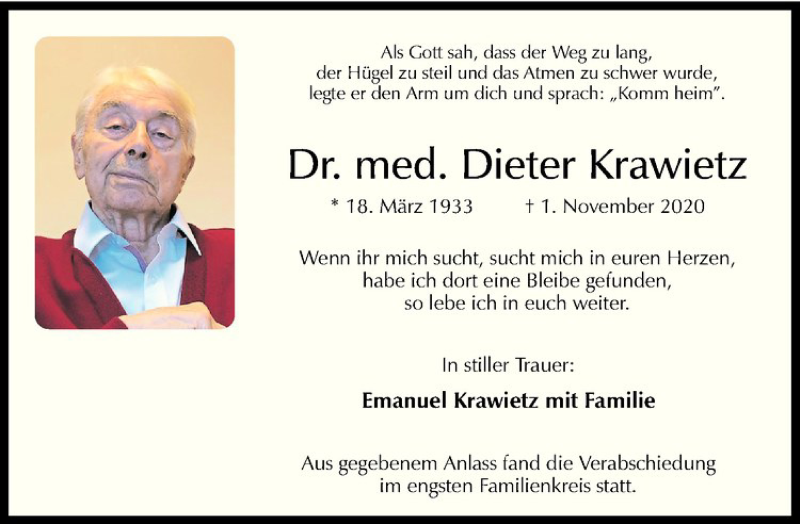  Traueranzeige für Dieter Krawietz vom 21.11.2020 aus Westfälische Nachrichten