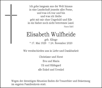 Anzeige von Elisabeth Wulfheide von Westfälische Nachrichten