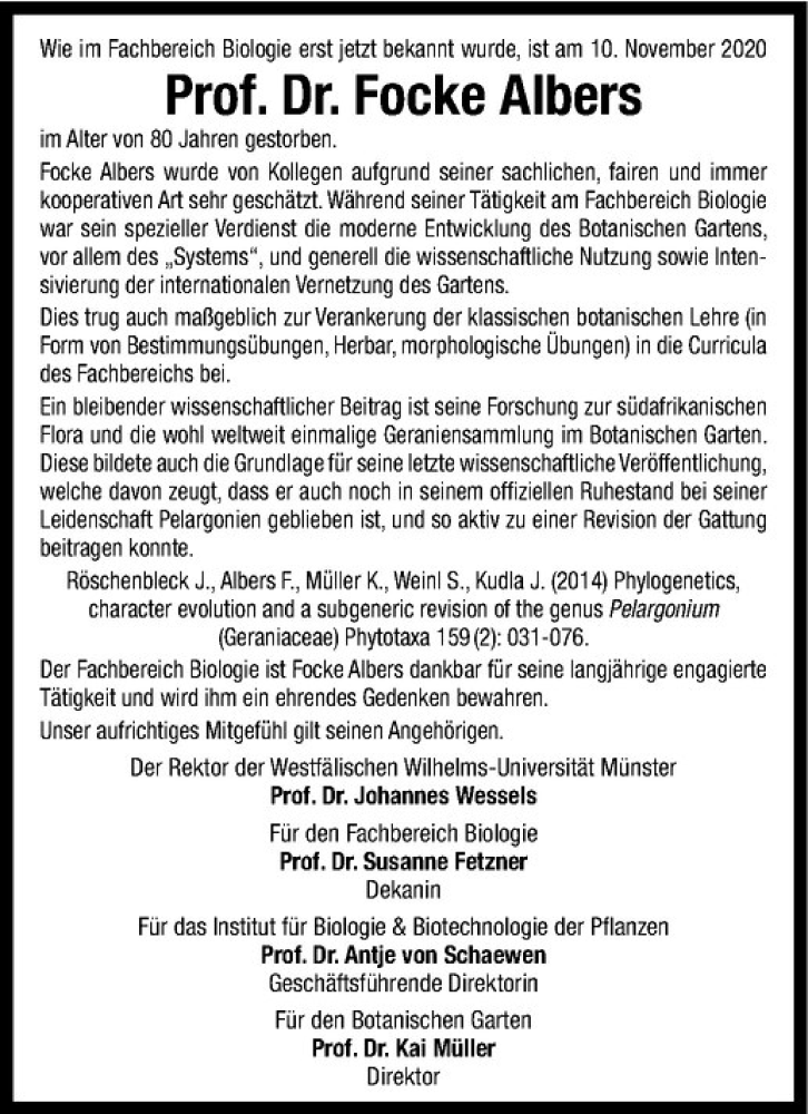  Traueranzeige für Focke Albers vom 28.11.2020 aus Westfälische Nachrichten