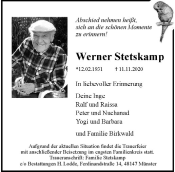 Anzeige von Werner Stetskamp von Westfälische Nachrichten