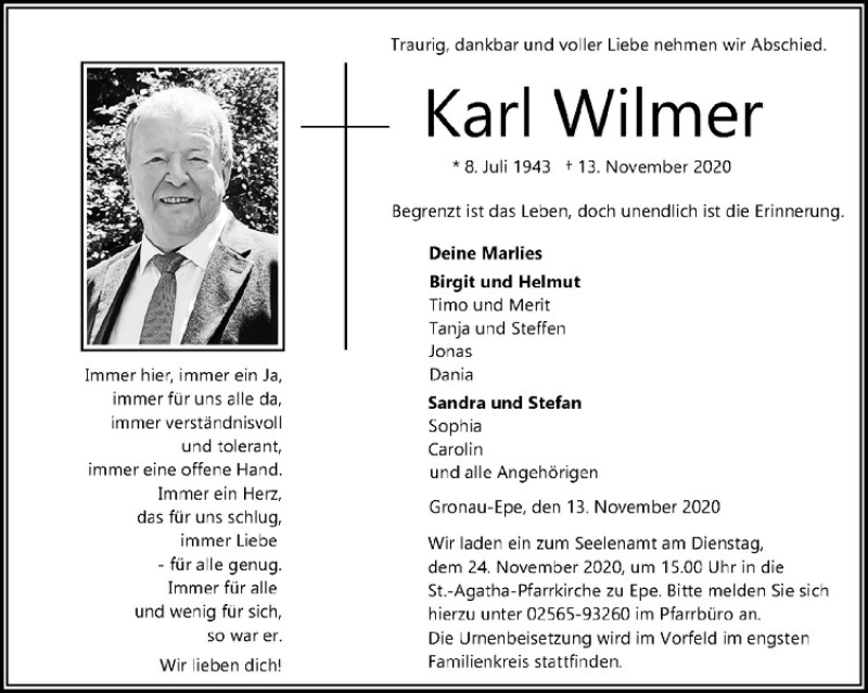  Traueranzeige für Karl Wilmer vom 18.11.2020 aus Westfälische Nachrichten