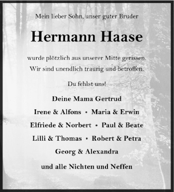 Anzeige von Hermann Heinrich Haase von Westfälische Nachrichten