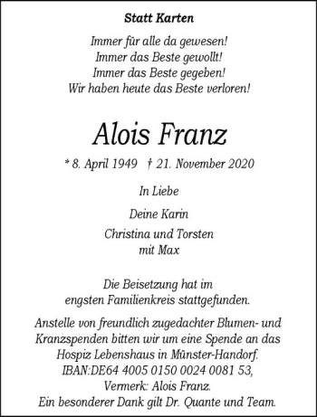 Anzeige von Alois Franz von Westfälische Nachrichten
