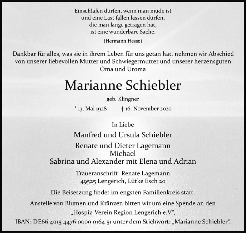  Traueranzeige für Marianne Schiebler vom 21.11.2020 aus Westfälische Nachrichten