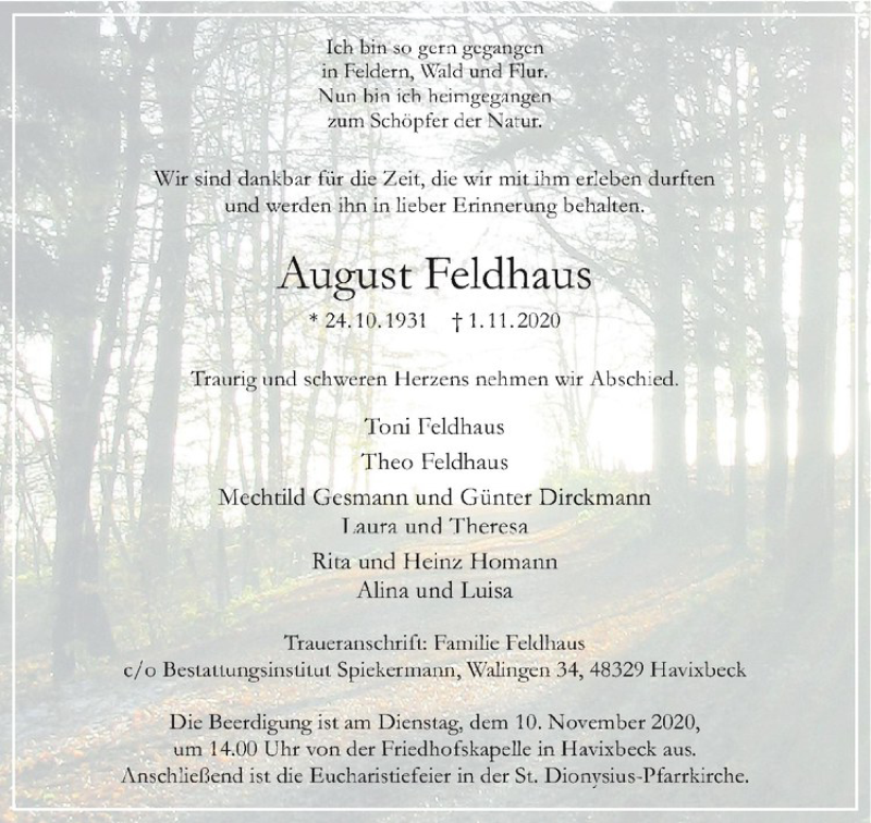 Traueranzeige für August Feldhaus vom 07.11.2020 aus Westfälische Nachrichten