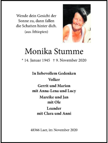 Anzeige von Monika Stumme von Westfälische Nachrichten