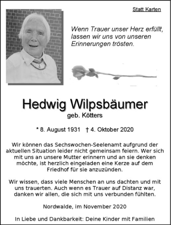 Anzeige von Hedwig Wilpsbäumer von Westfälische Nachrichten
