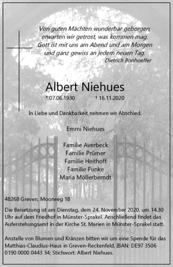 Anzeige von Albert Niehues von Westfälische Nachrichten