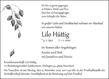 Anzeige von Lilo Hüttig von Westfälische Nachrichten