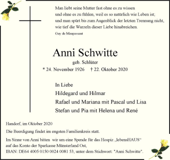 Anzeige von Anni Schwitte von Westfälische Nachrichten