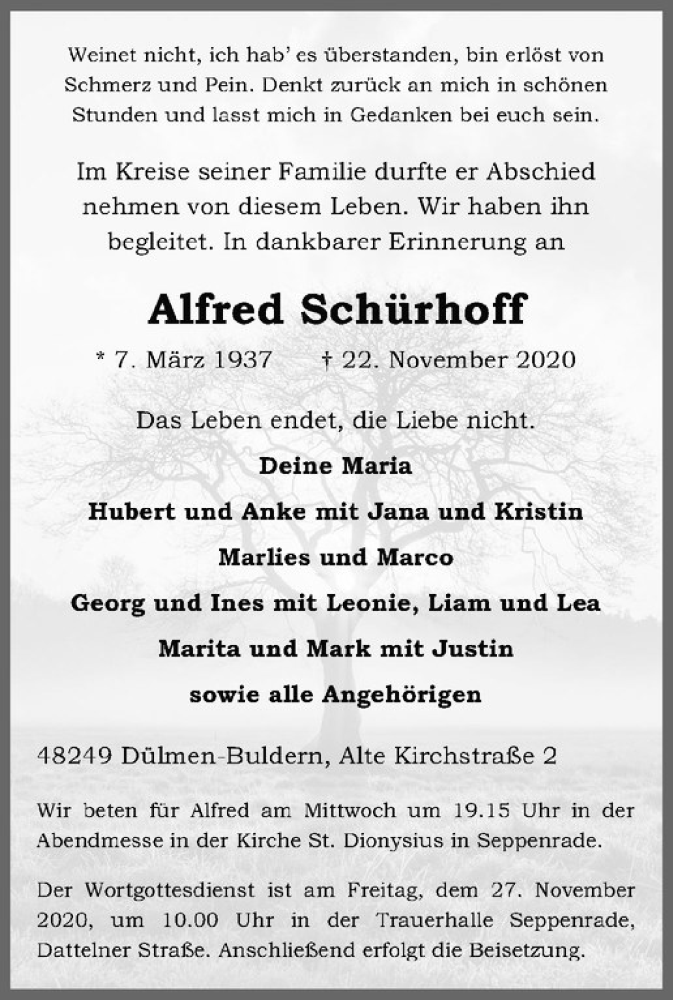  Traueranzeige für Alfred Schürhoff vom 24.11.2020 aus Westfälische Nachrichten