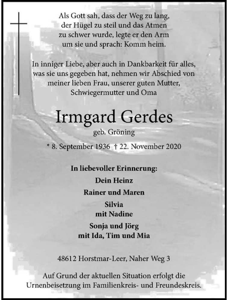  Traueranzeige für Irmgard Gerdes vom 28.11.2020 aus Westfälische Nachrichten