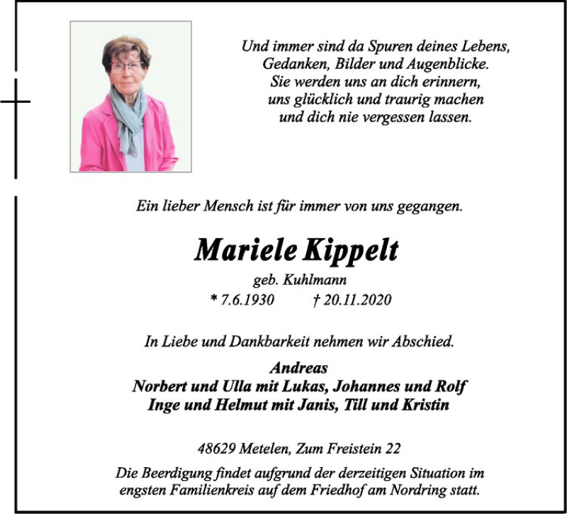  Traueranzeige für Mariele Kippelt vom 24.11.2020 aus Westfälische Nachrichten