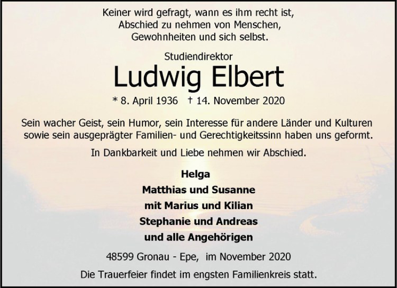  Traueranzeige für Ludwig Elbert vom 21.11.2020 aus Westfälische Nachrichten
