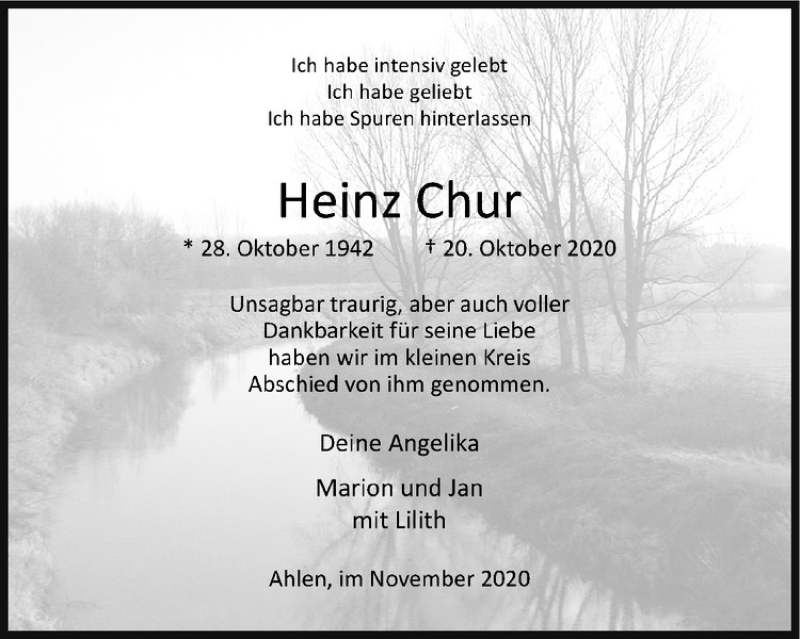  Traueranzeige für Heinz Chur vom 07.11.2020 aus Westfälische Nachrichten