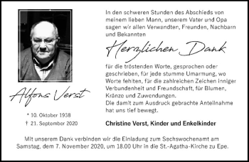 Anzeige von Alfons Verst von Westfälische Nachrichten