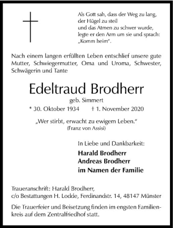Anzeige von Edeltraud Brodherr von Westfälische Nachrichten