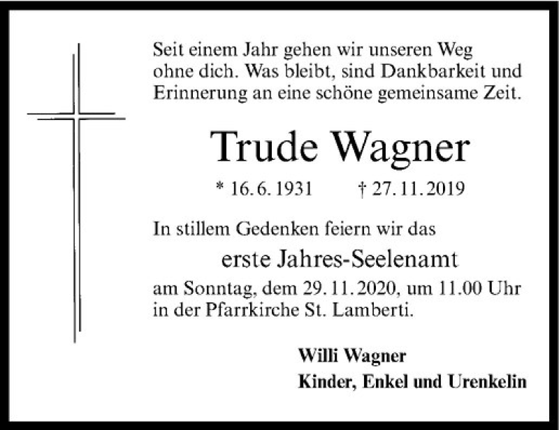  Traueranzeige für Trude Wagner vom 26.11.2020 aus Westfälische Nachrichten