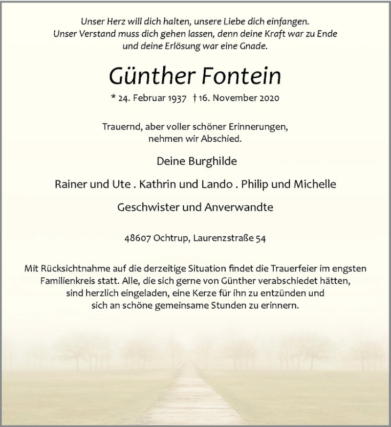  Traueranzeige für Günther Fontein vom 19.11.2020 aus Westfälische Nachrichten