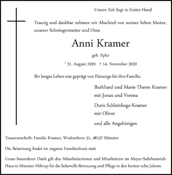 Anzeige von Anni Kramer von Westfälische Nachrichten