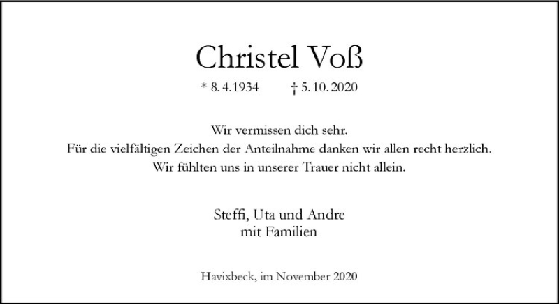  Traueranzeige für Christel Voß vom 07.11.2020 aus Westfälische Nachrichten