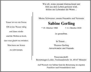 Anzeige von Sabine Gerling von Westfälische Nachrichten