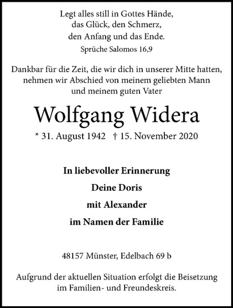  Traueranzeige für Wolfgang Widera vom 21.11.2020 aus Westfälische Nachrichten