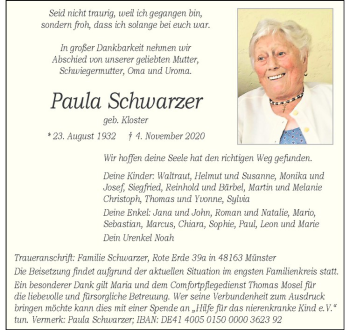 Anzeige von Paula Schwarzer von Westfälische Nachrichten