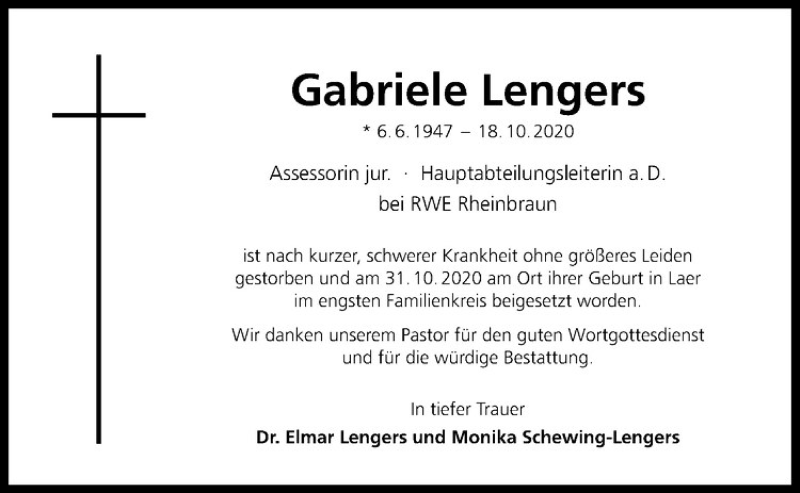  Traueranzeige für Gabriele Lengers vom 07.11.2020 aus Westfälische Nachrichten