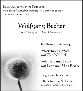 Anzeige von Wolfgang Becher von Westfälische Nachrichten
