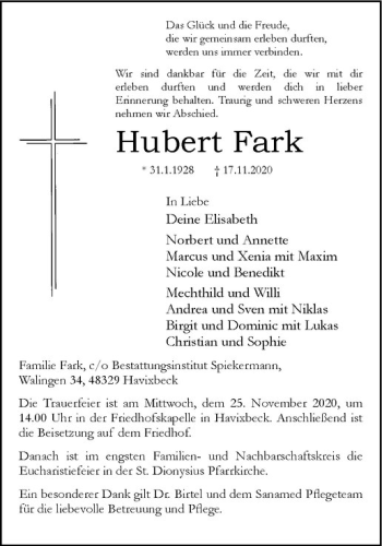 Anzeige von Hubert Fark von Westfälische Nachrichten