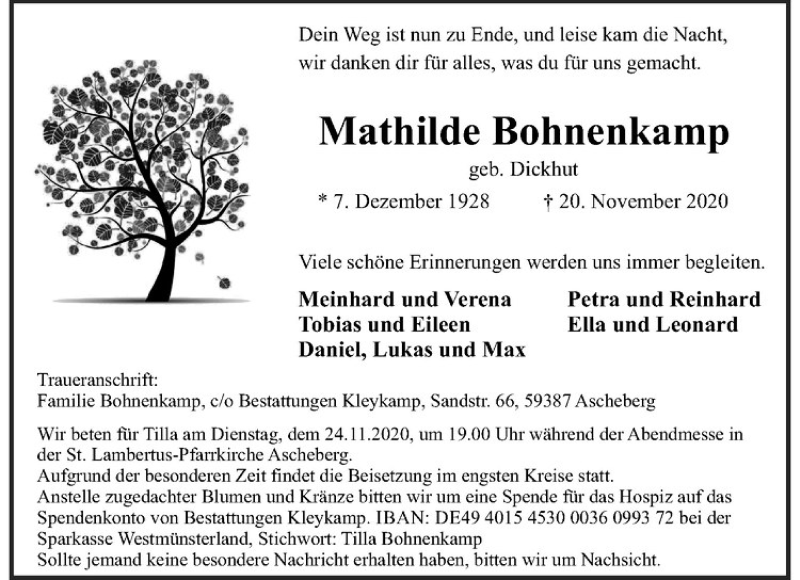 Traueranzeige für Mathilde Bohnenkamp vom 24.11.2020 aus Westfälische Nachrichten