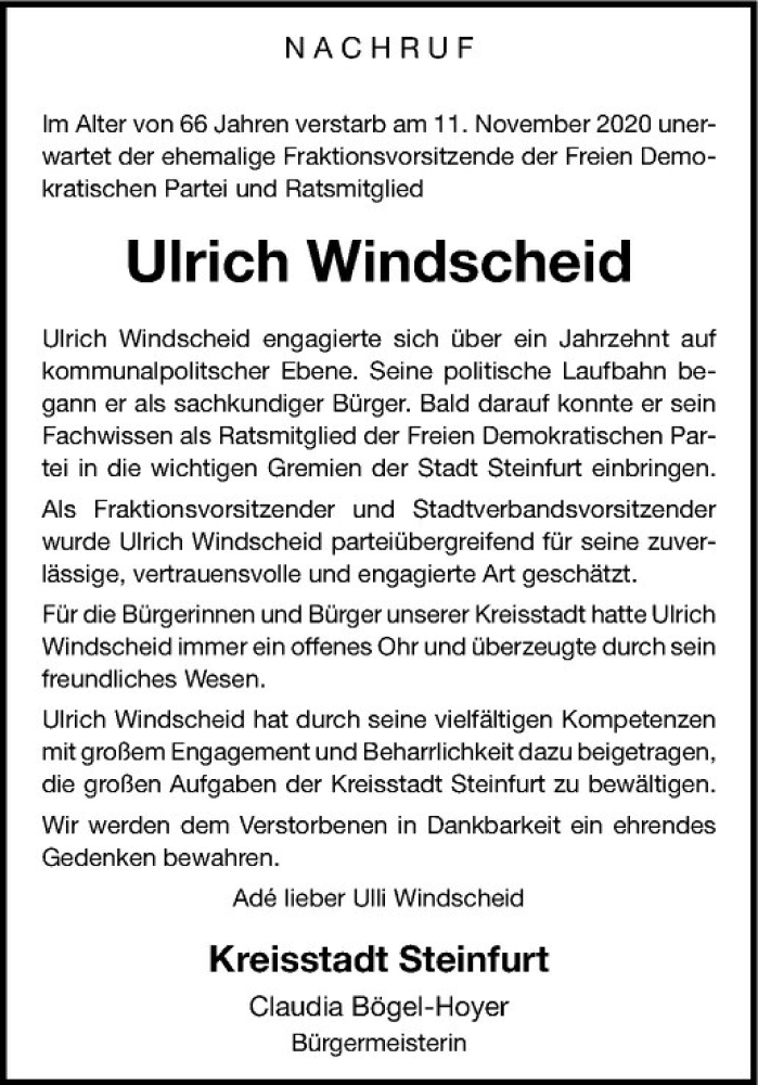  Traueranzeige für Ulli Windscheid vom 18.11.2020 aus Westfälische Nachrichten