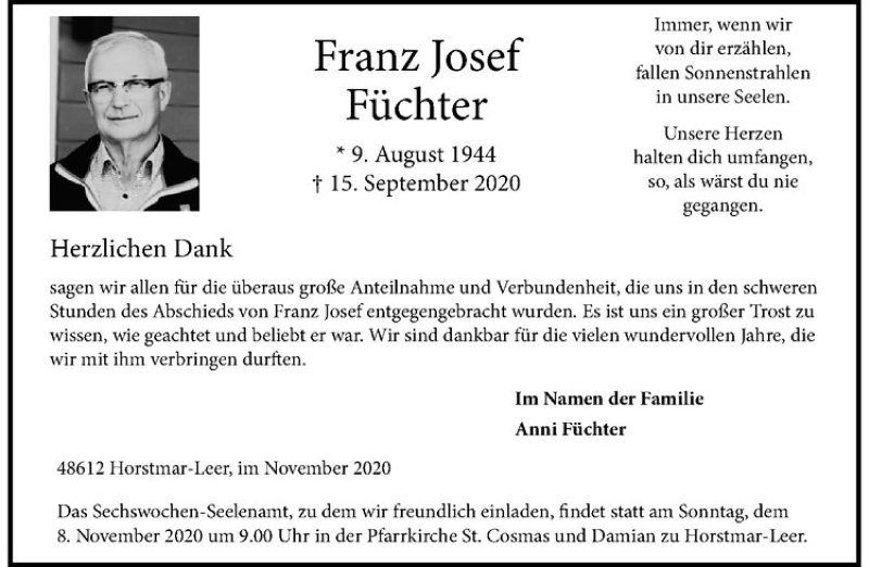  Traueranzeige für Franz Josef Füchter vom 03.11.2020 aus Westfälische Nachrichten