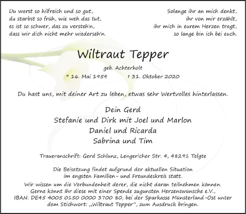 Traueranzeige für Wiltraut Tepper vom 07.11.2020 aus Westfälische Nachrichten