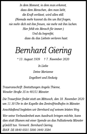 Anzeige von Bernhard Giering von Westfälische Nachrichten