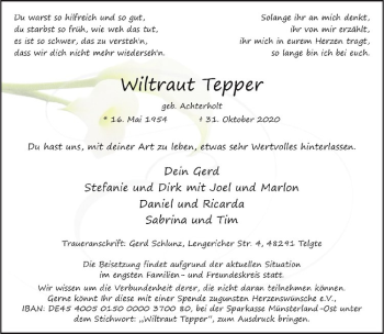 Anzeige von Wiltraut Tepper von Westfälische Nachrichten