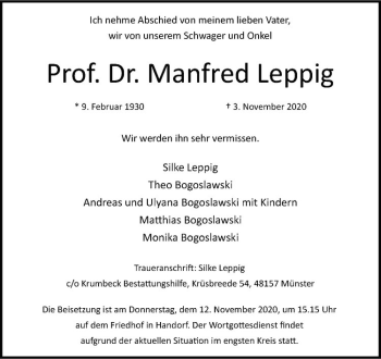 Anzeige von Manfred Leppig von Westfälische Nachrichten