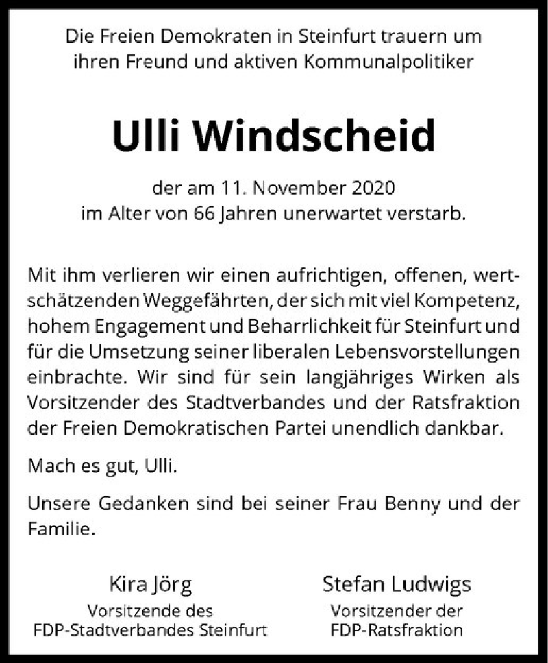  Traueranzeige für Ulli Windscheid vom 14.11.2020 aus Westfälische Nachrichten
