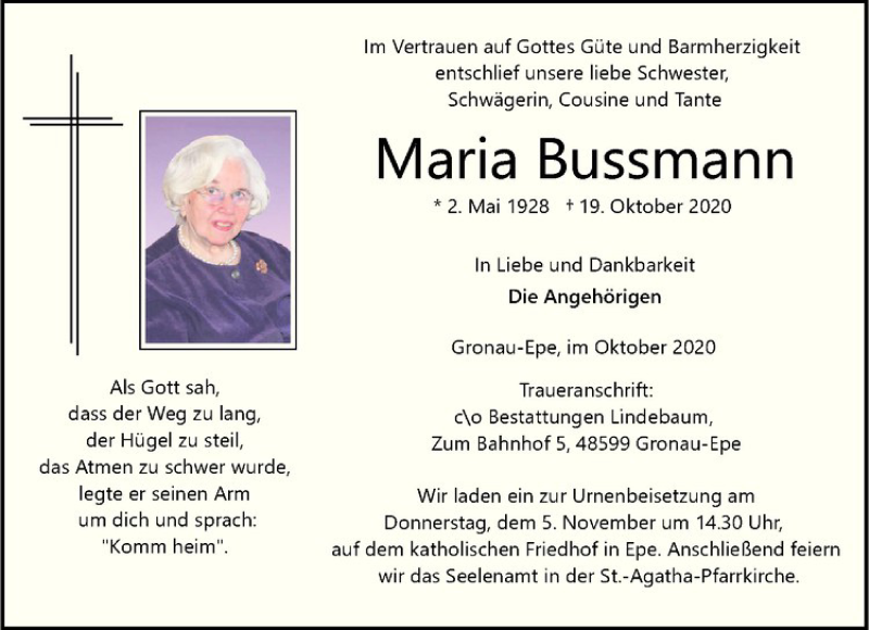  Traueranzeige für Maria Bussmann vom 31.10.2020 aus Westfälische Nachrichten