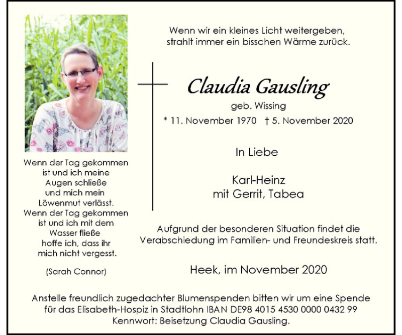  Traueranzeige für Claudia Gausling vom 10.11.2020 aus Westfälische Nachrichten