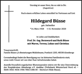 Anzeige von Hildgard Büsse von Westfälische Nachrichten