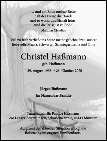 Anzeige von Christel Haßmann von Westfälische Nachrichten
