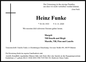 Anzeige von Heinz Funke von Westfälische Nachrichten